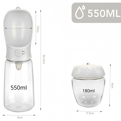 Gamelle chat portable 3en1 gourde grise 550 mL + boite croquettes 180 mL dimensions - Croq-Pocket™