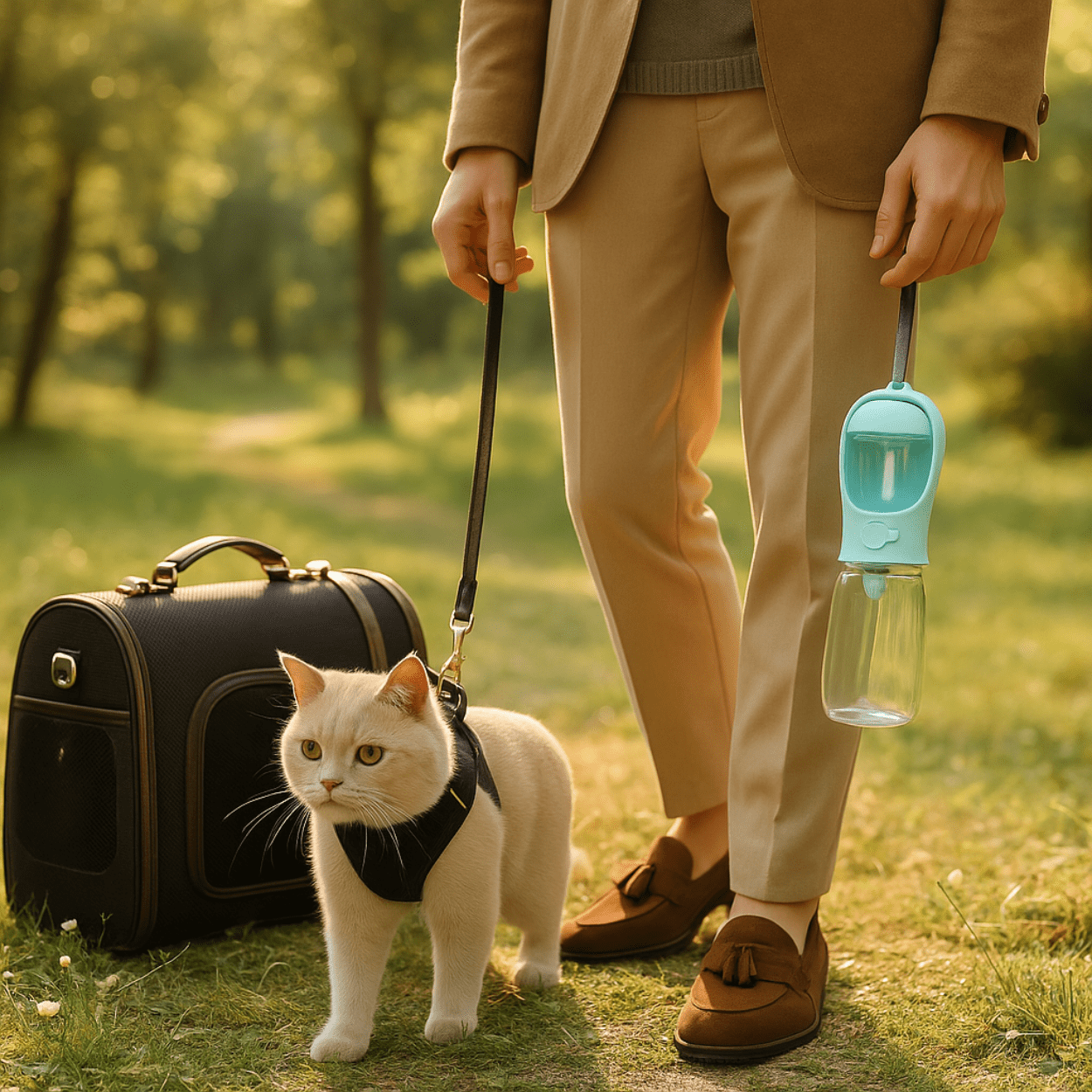 Gamelle chat portable avec maitre laisse et félin harnais en ballade - Croq-Pocket™
