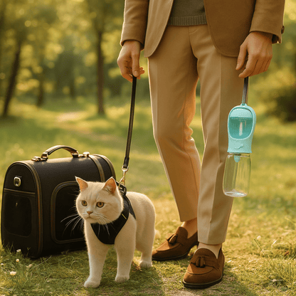 Gamelle chat portable avec maitre laisse et félin harnais en ballade - Croq-Pocket™
