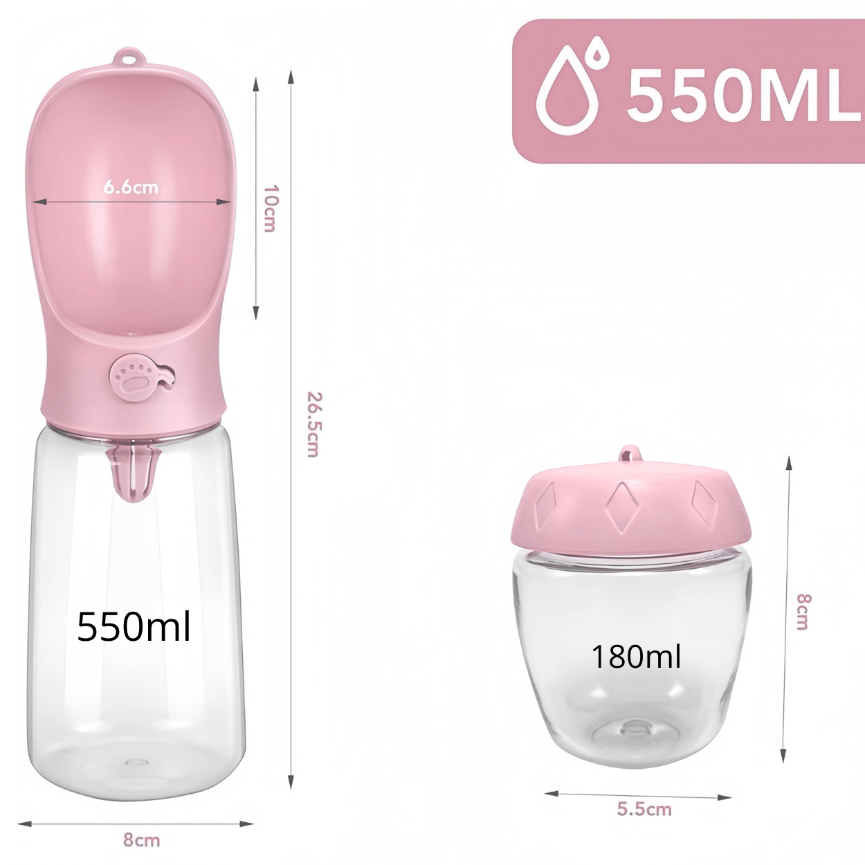 Gamelle chat portable 3en1 gourde rose 550 mL + boite croquettes 180 mL dimensions - Croq-Pocket™