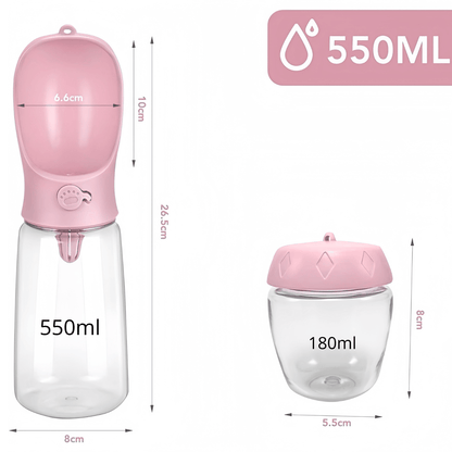 Gamelle chat portable 3en1 gourde rose 550 mL + boite croquettes 180 mL dimensions - Croq-Pocket™