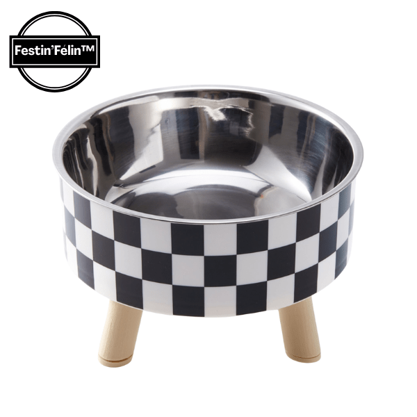 gamelle chat surélevée design motif damier bol inox amovible Festin'Félin™