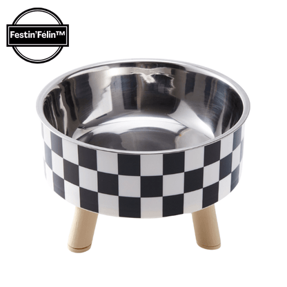 gamelle chat surélevée design motif damier bol inox amovible Festin'Félin™