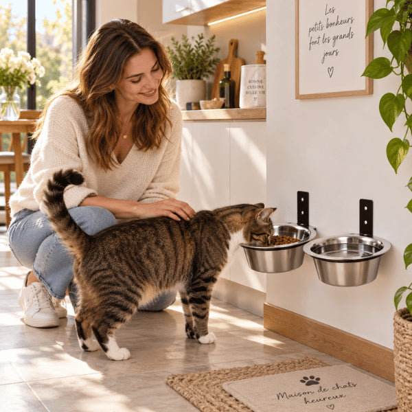 Gamelle chat en hauteur murale double créant un coin repas calme et organisé