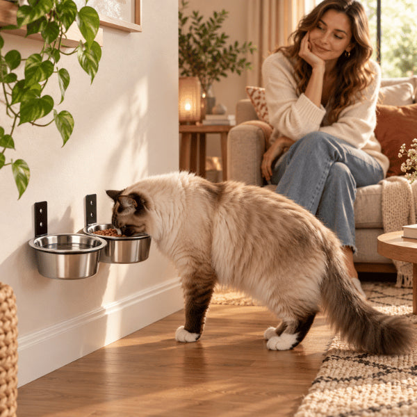 Gamelle chat en hauteur murale offrant un espace repas confortable sans encombrer