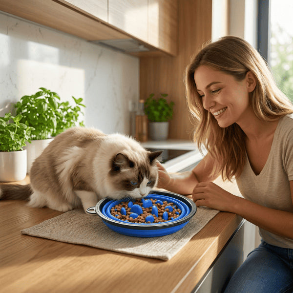 Chat ragdoll mange dans gamelle chat glouton pour ralentir alimentation et améliorer digestion