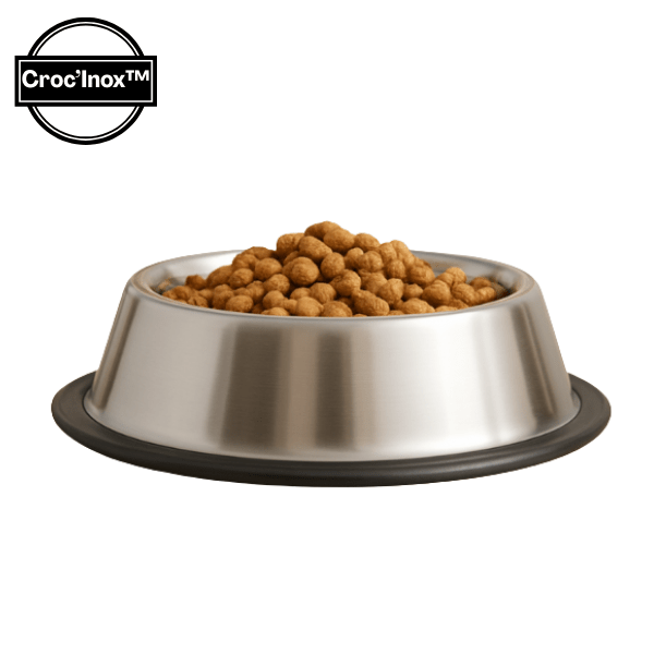 Gamelle chat inox antidérapante avec croquettes vue profil - Croc'Inox™