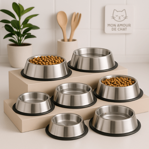 Gamelle chat inox antidérapante sur étagère présentoir dans cuisine - Croc'Inox™