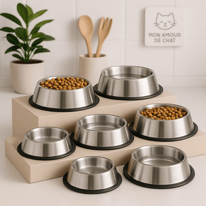 Gamelle chat inox antidérapante sur étagère présentoir dans cuisine - Croc'Inox™