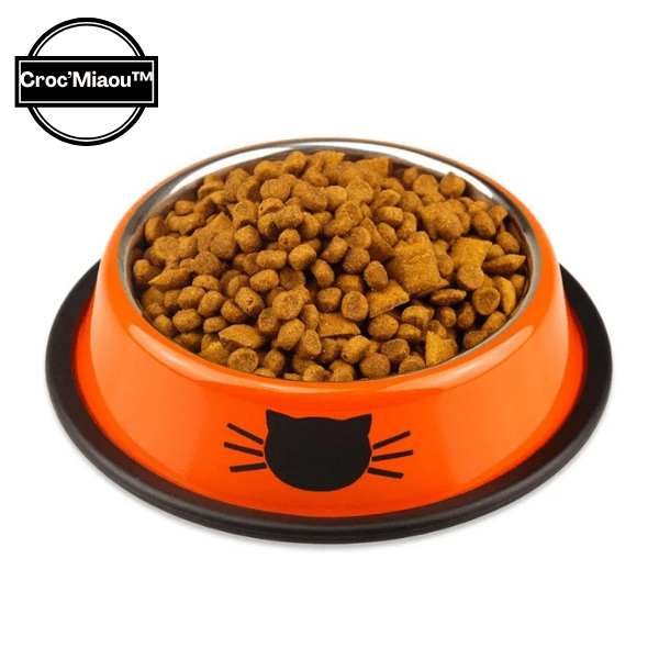 Gamelle chat inox orange avec croquettes antidérapante macaron Croc'Miaou™