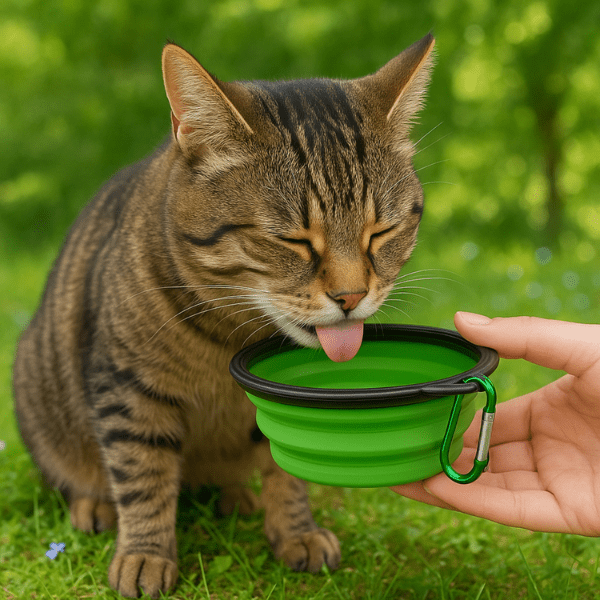 Gamelle chat pliable silicone vert avec félin tigré qui boit dehors en ballade