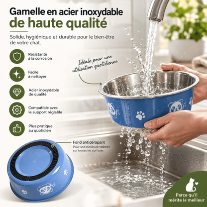 Gamelle chat surélevée en inox amovible hygiénique antibactérienne résistante et facile à nettoyer