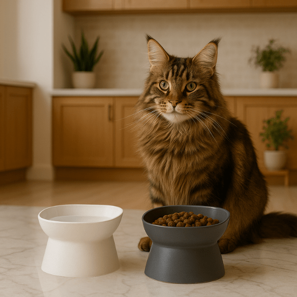 Gamelle chat surélevée 2 en 1 blanche et grise avec croquettes eau et maine coon dans cuisine - Bol Purrfect™