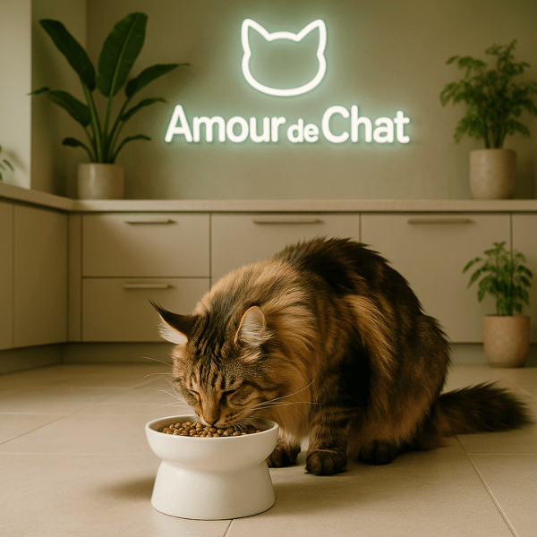 Gamelle chat surélevée 2 en 1 réversible ronde blanche avec maine coon qui mange croquettes - Bol Purrfect™