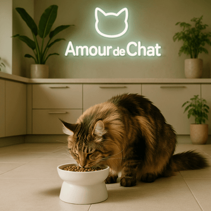 Gamelle chat surélevée 2 en 1 réversible ronde blanche avec maine coon qui mange croquettes - Bol Purrfect™