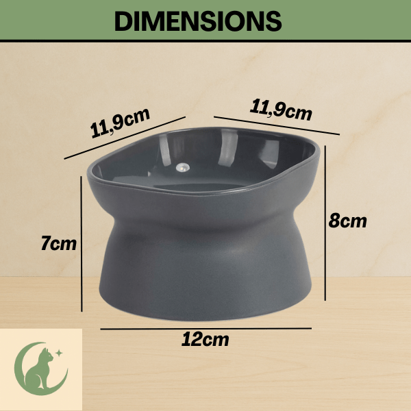 Gamelle chat surélevée 2 en 1 bol réversible gris carré 11,9 x 11,9 cm H 8cm dimensions - Bol Purrfect™