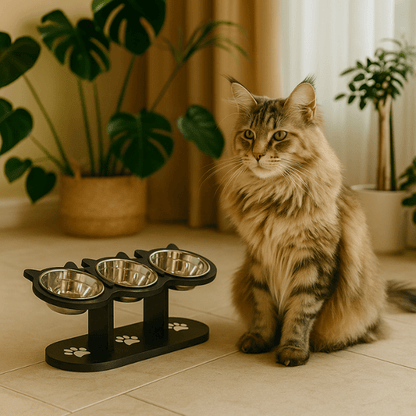 Gamelle chat surélevée triple bols inox amovible sur support bois noir réglable avec maine coon dans salon - FéliMood™