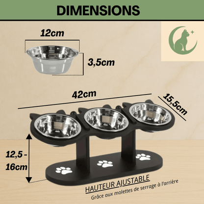 Gamelle chat surélevée triple bol de 12 cm support bois noir réglable 42 cm x 15,5 cm x H 12,5 à 16 cm - FéliMood™