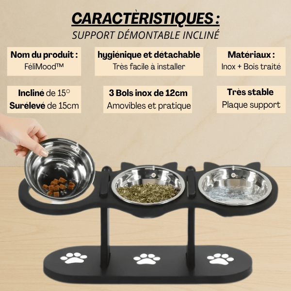 Gamelle chat surélevée triple inclinée et démontable support bois noir FéliMood™