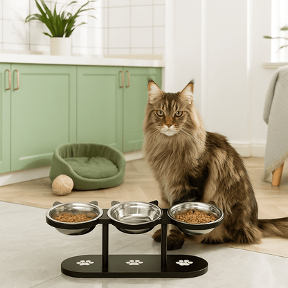 Gamelle chat surélevée triple réglable triple avec croquettes eau et maine coon dans cuisine - FéliMood™