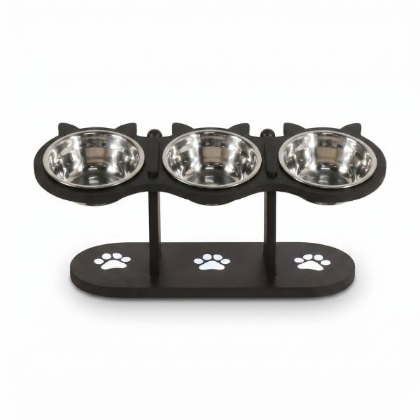 Gamelle chat surélevée hauteur réglable triple bols inox amovibles support noir