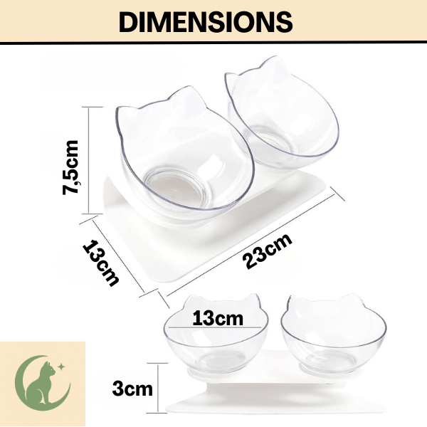 Gamelle chat surélevée double bol oreille de chat dimensions et inclinaison - Snack Fantôme™