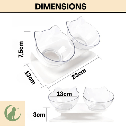 Gamelle chat surélevée double bol oreille de chat dimensions et inclinaison - Snack Fantôme™