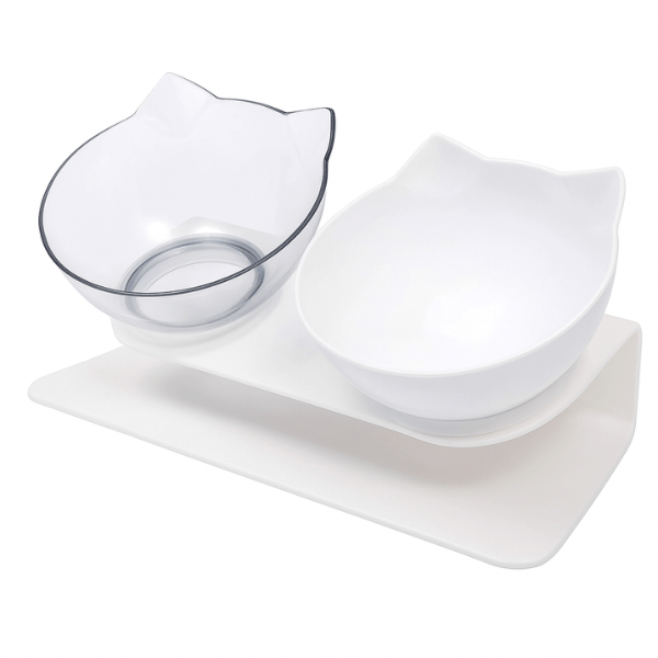 Gamelle chat surélevée bol incliné transparent et blanc oreille de chat - Snack Fantôme™