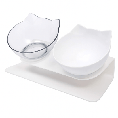 Gamelle chat surélevée bol incliné transparent et blanc oreille de chat - Snack Fantôme™