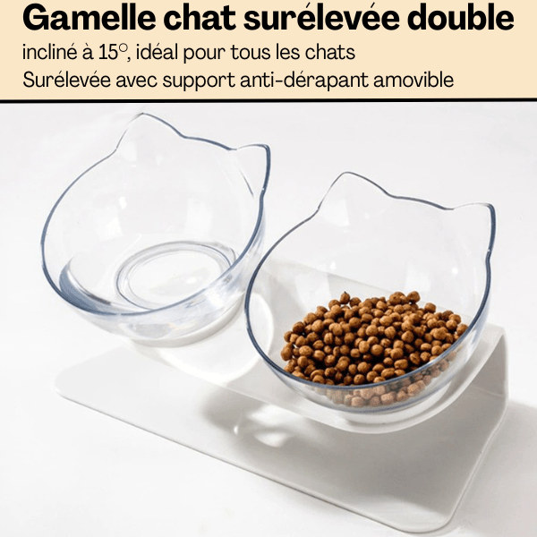 Gamelle chat surélevée double bol transparent design tête chat avec croquettes et eau - Snack Fantôme™