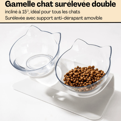 Gamelle chat surélevée double bol transparent design tête chat avec croquettes et eau - Snack Fantôme™