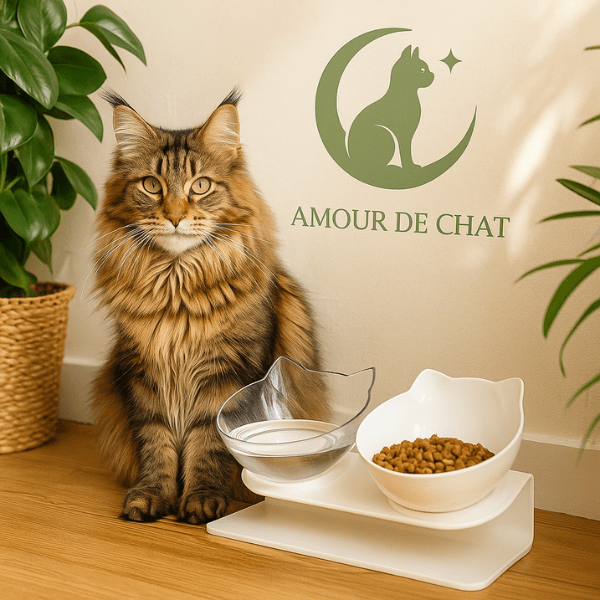 Gamelle chat surélevée double bol transparent et blanc croquettes et eau avec maine coon - Snack Fantôme™