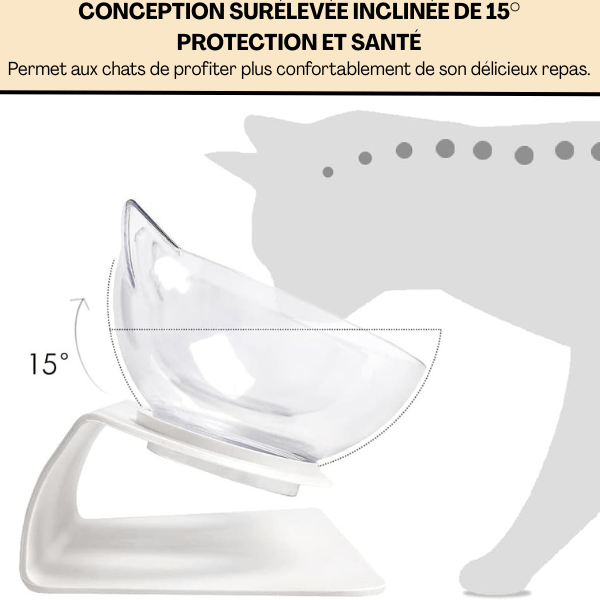 Gamelle chat surélevée inclinée 15° pour protection santé vue profil explication - Snack Fantôme™