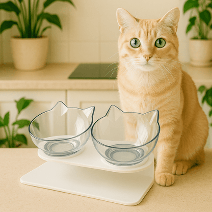 Gamelle chat surélevée double bol transparent design avec félin tigré beige dans cuisine - Snack Fantôme™