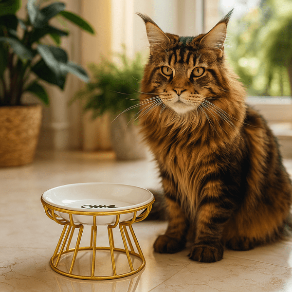 Gamelle chat surélevée céramique blanche avec support doré et maine coon sur sol cuisine - Trône Gourmet™
