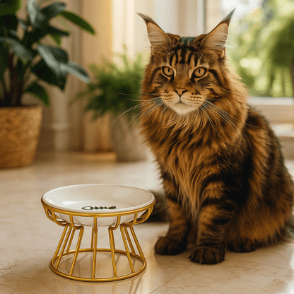 Gamelle chat surélevée céramique blanche avec support doré et maine coon sur sol cuisine - Trône Gourmet™