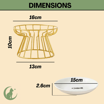 Gamelle chat surélevée céramique Ø 15 cm avec support fer doré H 10 cm x 16 cm - Trône Gourmet™
