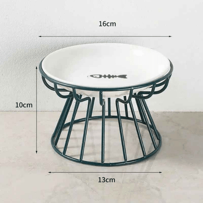 Gamelle chat surélevée céramique blanc avec motif poisson et support fer bleu - Trône Gourmet™