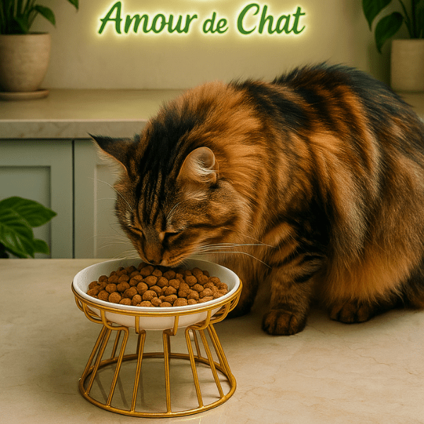 Gamelle chat surélevée céramique support doré avec maine coon qui mange croquettes - Trône Gourmet™