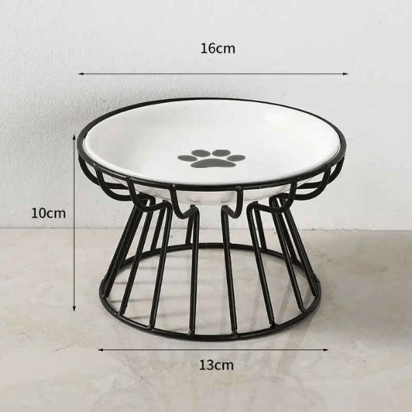 Gamelle chat surélevée céramique blanc avec motif patte et support fer noir - Trône Gourmet™