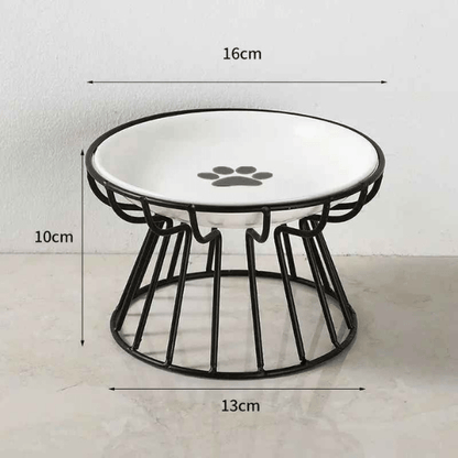 Gamelle chat surélevée céramique blanc avec motif patte et support fer noir - Trône Gourmet™
