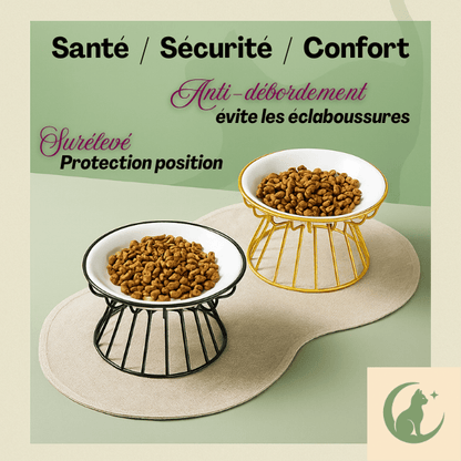 Gamelle chat surélevée céramique 2 bol croquettes avec support fer doré et noir dans salon - Trône Gourmet™