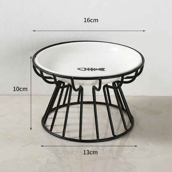 Gamelle chat surélevée céramique blanc avec motif poisson et support fer noir - Trône Gourmet™
