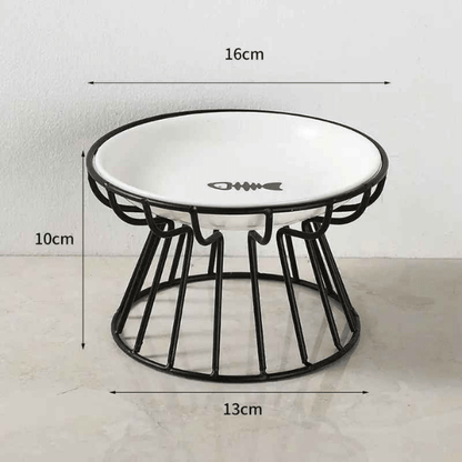 Gamelle chat surélevée céramique blanc avec motif poisson et support fer noir - Trône Gourmet™