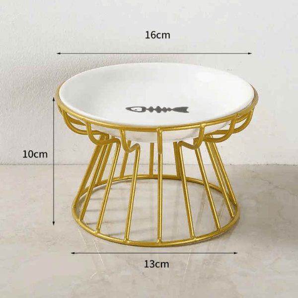 Gamelle chat surélevée céramique blanc avec motif poisson et support fer doré - Trône Gourmet™