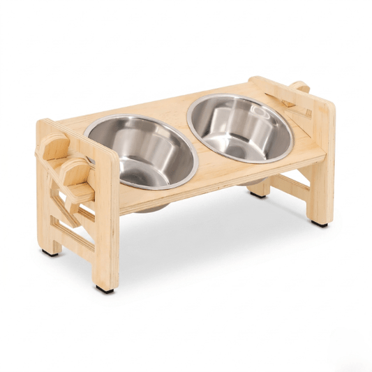 Gamelle double pour chat surélevée modulable support bois avec bols inox amovibles
