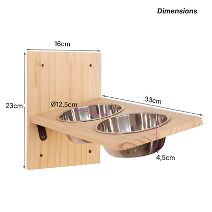 Gamelle en hauteur pour chat murale en bois avec deux bols inox de 12,5 cm