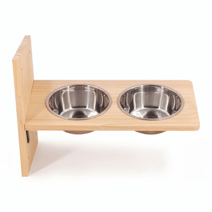 Gamelle en hauteur pour chat avec support mural en bois et double bol inox