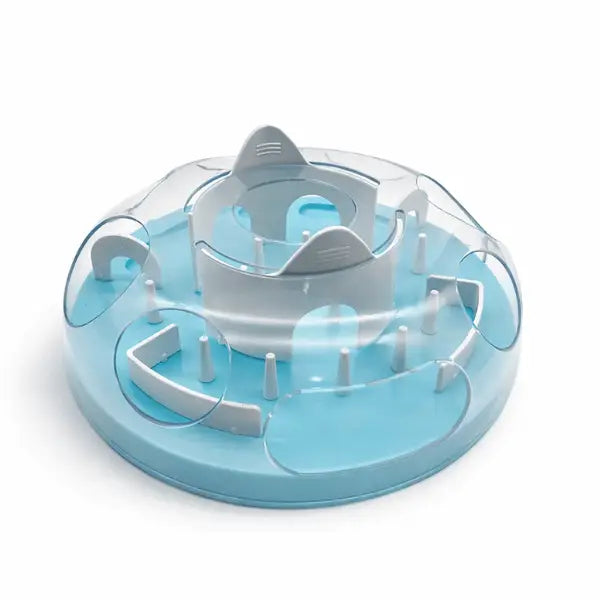Gamelle ludique chat bleue avec labyrinthe interactif et couvercle transparent pour ralentir la prise de nourriture