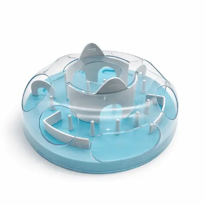 Gamelle ludique chat bleue avec labyrinthe interactif et couvercle transparent pour ralentir la prise de nourriture